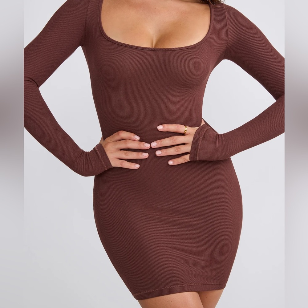 Square Neck Puff Sleeve Ribbed Dress in Brown